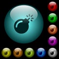 Bomb with sparkling fuse icons in color illuminated glass buttons