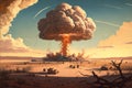 bomb vaporizing everything within a 3-mile radius, with shockwave and mushroom cloud visible in the background Royalty Free Stock Photo