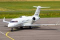 Bombardier Challenger 605 business jet arriving at Eindhoven Airport. Eindhoven, The Netherlands - July 3, 2020 Royalty Free Stock Photo