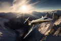 The Bombardier Global 7000, is captured as it soars gracefully above a mesmerizing landscape of snow-capped mountains and pristine
