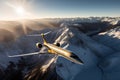 The Bombardier Global 7000, is captured as it soars gracefully above a mesmerizing landscape of snow-capped mountains and pristine