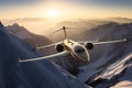 The Bombardier Global 7000, is captured as it soars gracefully above a mesmerizing landscape of snow-capped mountains and pristine