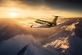 The Bombardier Global 7000, is captured as it soars gracefully above a mesmerizing landscape of snow-capped mountains and pristine