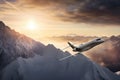 The Bombardier Global 7000, is captured as it soars gracefully above a mesmerizing landscape of snow-capped mountains and pristine