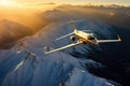 The Bombardier Global 7000, is captured as it soars gracefully above a mesmerizing landscape of snow-capped mountains and pristine