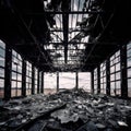 A bombed-out industrial plant with twisted metal beams and shattered windows