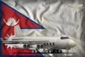 Bomber on the Nepal state flag background. 3d Illustration