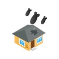 Bombing of house icon, isometric 3d style