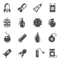 Bombs, grenades bold black silhouette icons set isolated on white. Explosive weapons.