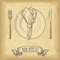 Hand drawn plate, napkin, fork and knife. Ribbon banner with Bon Appetit lettering. Engraved style vector illustration. Royalty Free Stock Photo