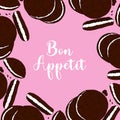 Bon Appetit banner , chocolate cookie, pink background.