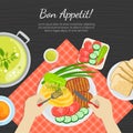 Bon Appetit Banner Template, Top View of Person Eating Delicious Dishes Banner Vector Illustratio