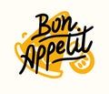 Bon Appetit Creative Lettering with Pizza Slice. Food Poster, Print with Hand Drawn Elements. Cafe Restaurant Decoration