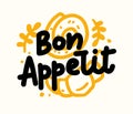 Bon Appetit Food Poster with Doodle Croissant and Cinnabon Bun. Lettering Print for Kitchen Decor, Cafe, Coffee House