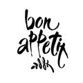 Bon Appetit hand lettering, vintage brush typography, custom writing isolated on white background. Vector