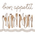 Bon appetit, a handwritten phrase . Cutlery on the tablecloth. Vector illustration, calligraphy