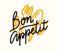 Bon Appetit Lettering, Food Poster with Doodle Fork and Spoon. Graphic Design Element, Print for Menu, Cafe Decoration