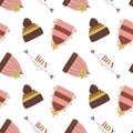 Bon Appetit. Seamless Pattern with Cute cakes and pies.