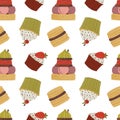 Bon Appetit. Seamless Pattern with Cute cakes and pies.