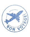 Bon voyage blue grunge rubber stamp with airplane.