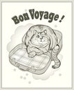 Bon voyage. Have a nice trip. Greeting card. Illustration of funny cat dreaming about of travel. Hand-drawn digital vector image