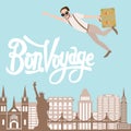 Bon voyage man traveling flying bring luggage with city landscape in the background