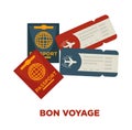 Bon voyage promotional poster with international passports and tickets