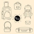 Traveling things for travel and city. Different types of a suitcase on wheels, a closed one, a backpack, small women