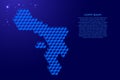 Bonaire map from 3D classic blue color cubes isometric abstract concept, square pattern, angular geometric shape, glowing stars.
