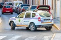 Bonares, Huelva, Spain - August 14, 2020: Municipal police car, brand Dacia Duster, patrolling by the streets