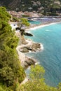 Summer view of the promenade and the beach. Bonassola. La Spezia province. Liguria. Italy