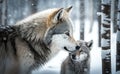 A gray wolf mother and her baby pup loving connection in snow in America generative AI