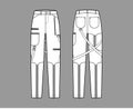 Bondage pants technical fashion illustration with low waist, rise, pockets, belt loops, full lengths Flat bottom apparel