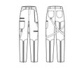 Bondage pants technical fashion illustration with low waist, rise, pockets, belt loops, full lengths Flat bottom apparel