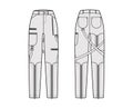 Bondage pants technical fashion illustration with normal waist, high rise, pockets, belt loops, full lengths Flat bottom