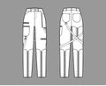 Bondage pants technical fashion illustration with normal waist, high rise, pockets, belt loops, full lengths Flat bottom