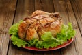 Bondage shibari roasted chicken with salad leaves on red plate o Royalty Free Stock Photo