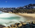 Bondi Beach in Sydney NSW Australia on a sunny winters day partly cloudy skies Pacific Ocean waves and nice sandy beach