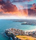 Bondi Beach, Sydney. Sunset aerial view from helicopter