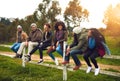 Bonding in the great outdoors. a happy group of friends sitting in a row on a fence together. Royalty Free Stock Photo