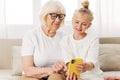 Bonding phone family selfie hugging child grandmother Royalty Free Stock Photo