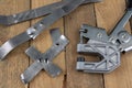 Bonding a sheet metal using a crimper. Small locksmith works in Royalty Free Stock Photo
