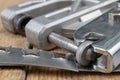 Bonding a sheet metal using a crimper. Small locksmith works in Royalty Free Stock Photo