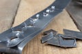 Bonding a sheet metal using a crimper. Small locksmith works in Royalty Free Stock Photo