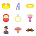 Bonds of marriage icons set, cartoon style