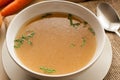 Bone broth made from chicken, served in a bowl with parsley