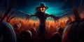 bone-chilling Halloween background with a haunted cornfield, scarecrows, and glowing eyes peering from the darkness