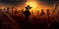 bone-chilling Halloween background with a haunted cornfield, scarecrows, and glowing eyes peering from the darkness