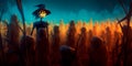 bone-chilling Halloween background with a haunted cornfield, scarecrows, and glowing eyes peering from the darkness