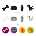 A bone, a fire hydrant, a bowl of food, a dog.Dog set collection icons in black, flat, monochrome style vector